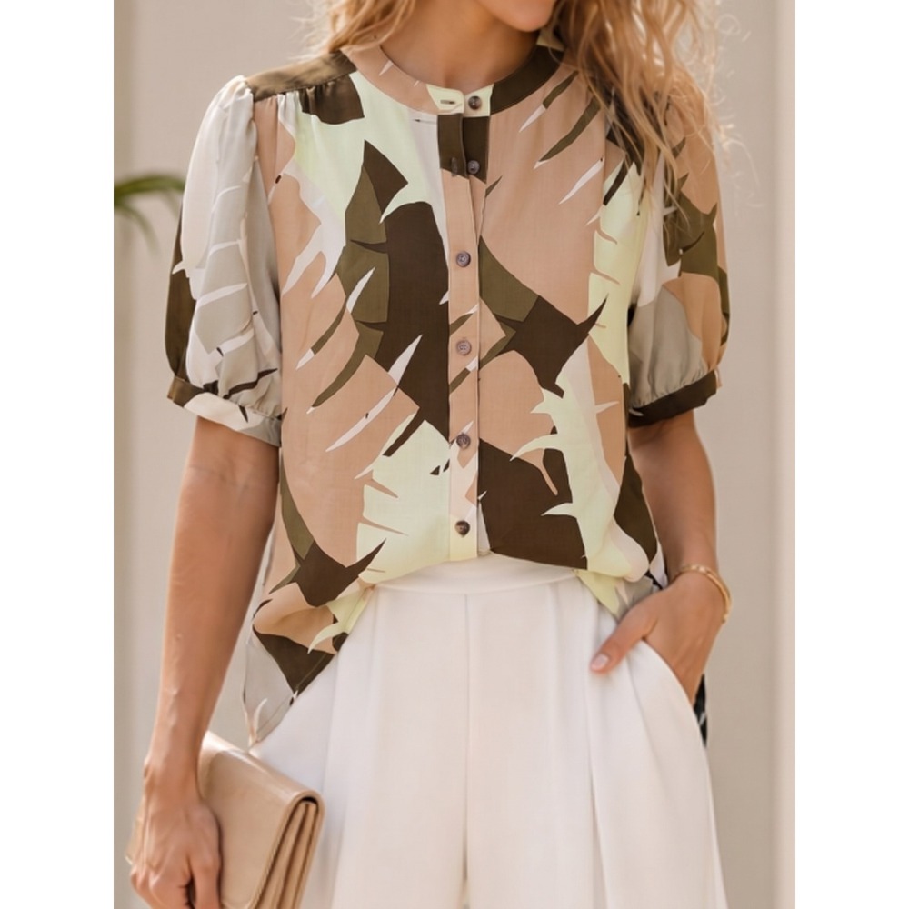 Worthington Abstract Tropical Leaf Print Button Front Puff Sleeve Blouse Tan Med